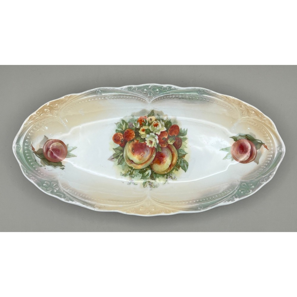 Antique Porcelain Celery Dish Fruit Floral Scalloped Lusterware Serving 9.75"